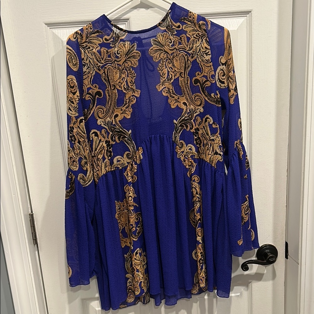 Free People Blue and Gold Graphic Long Sleeve Blouse